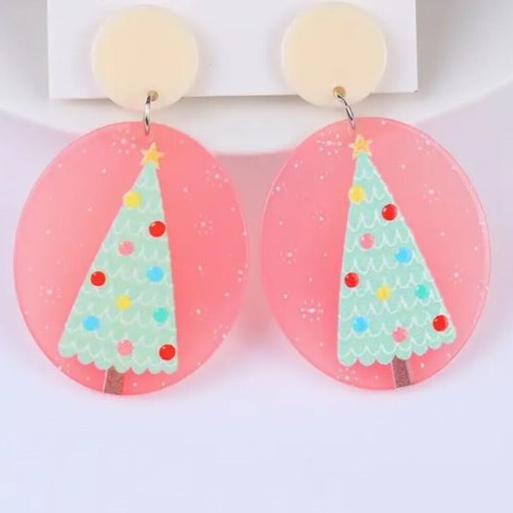 NEW Retro 50's Kitschy Pink Acrylic Christmas Tree Statement Earrings Pierced